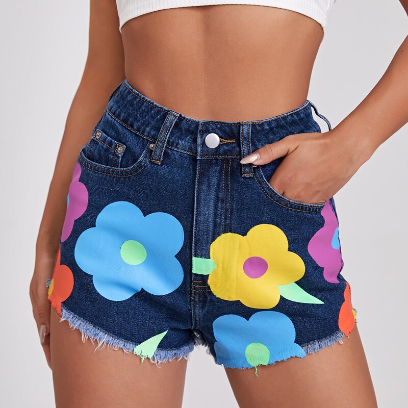 

High Waist Raw Hem Floral Print Denim Shorts, Multicolor
