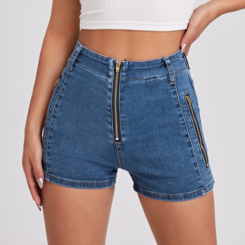 

High Waist Zip Fly Skinny Denim Shorts, Medium wash