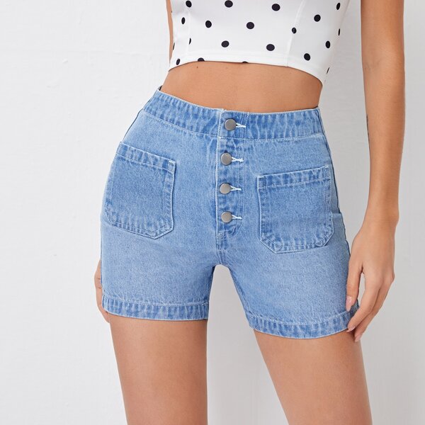 

High Waist Button Fly Skinny Denim Shorts, Light wash