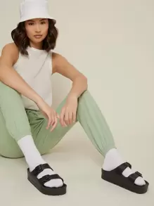 SHUZIA Double Buckle Lug Platform Slides - Black - View 1