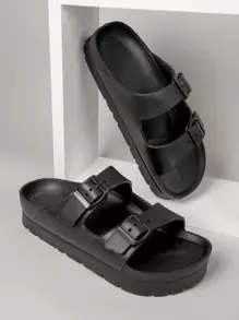 SHUZIA Double Buckle Lug Platform Slides - Black - View 2