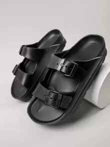 SHUZIA Double Buckle Lug Platform Slides - Black - View 4