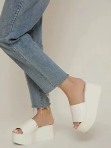 Vegan Leather Slip-On Platform Sandals - White - View 3