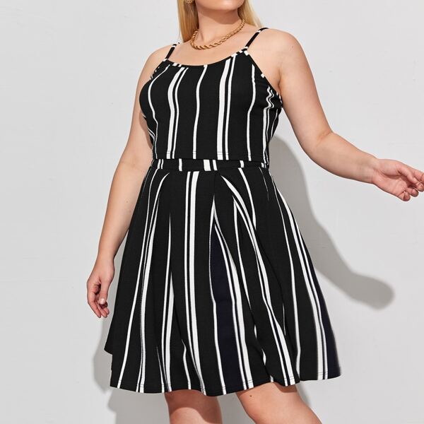 

Plus Striped Cami Top & Skirt Set, Black and white