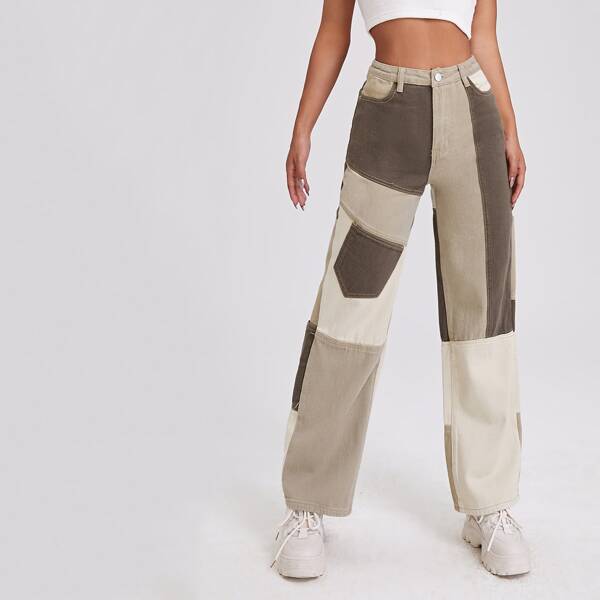 

High Waist Color Block Spliced Jeans, Multicolor