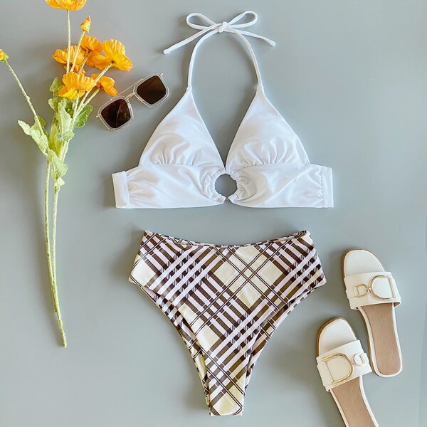 

Plaid Ring Linked High Waisted Bikini Swimsuit, Multicolor