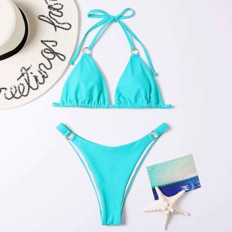 

O-ring Linked Triangle Bikini Swimsuit, Mint blue