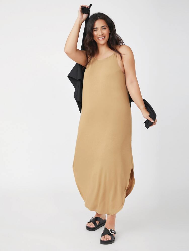 SHEIN BASICS Plus Solid Curved Hem Cami Dress - Khaki - View 1