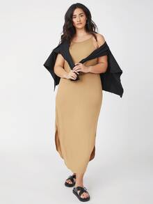 SHEIN BASICS 大碼素色弧形下擺吊帶洋裝 - 卡其色 - 查看 3