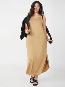 SHEIN BASICS 大碼素色弧形下擺吊帶洋裝 - 卡其色 - 查看 4