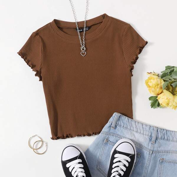 

Lettuce Trim Rib-knit Solid Tee, Brown