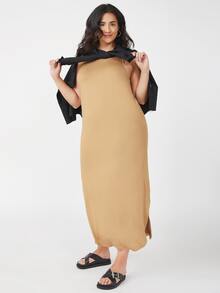 SHEIN BASICS 大碼素色弧形下擺吊帶洋裝 - 卡其色 - 查看 6