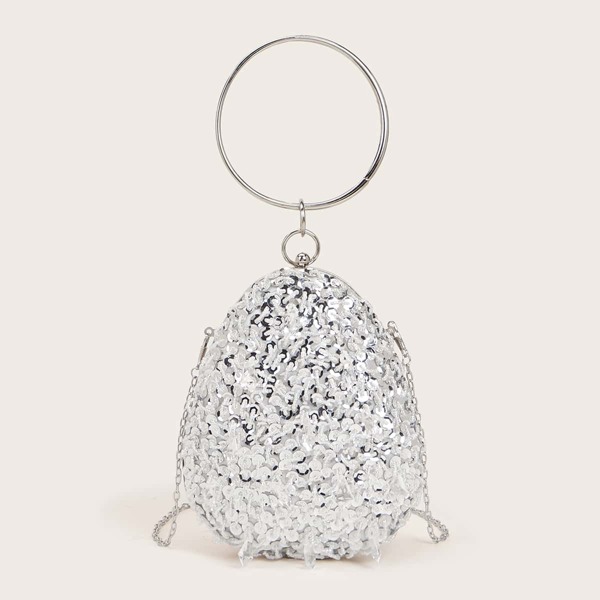 

Sequins Decor Structured Ring Handle Clutch Bag, Silver