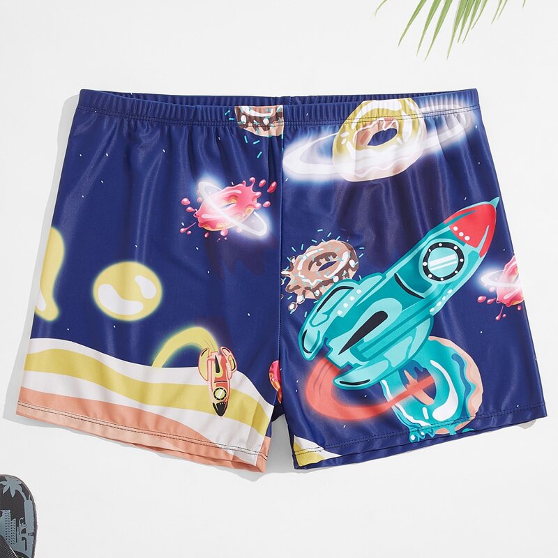 

Guys Donuts And Rocket Print Swim Trunks, Multicolor