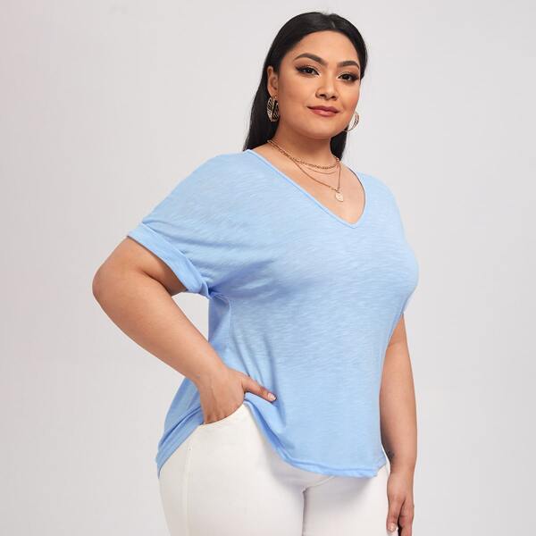 

Plus Slub Knit Cuffed Dolman Sleeve Tee, Baby blue