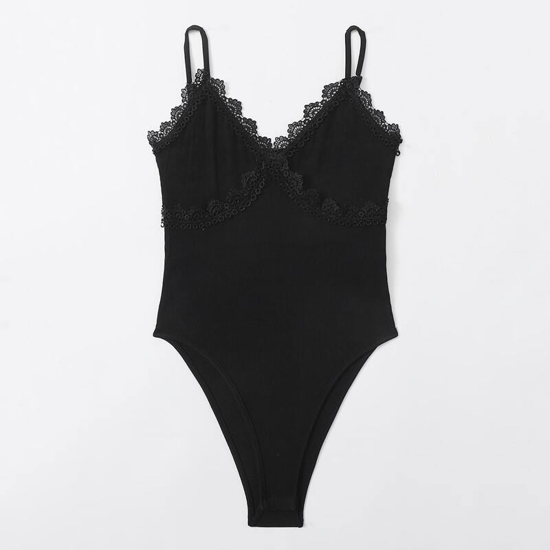 

Solid Contrast Lace Bodysuit, Black