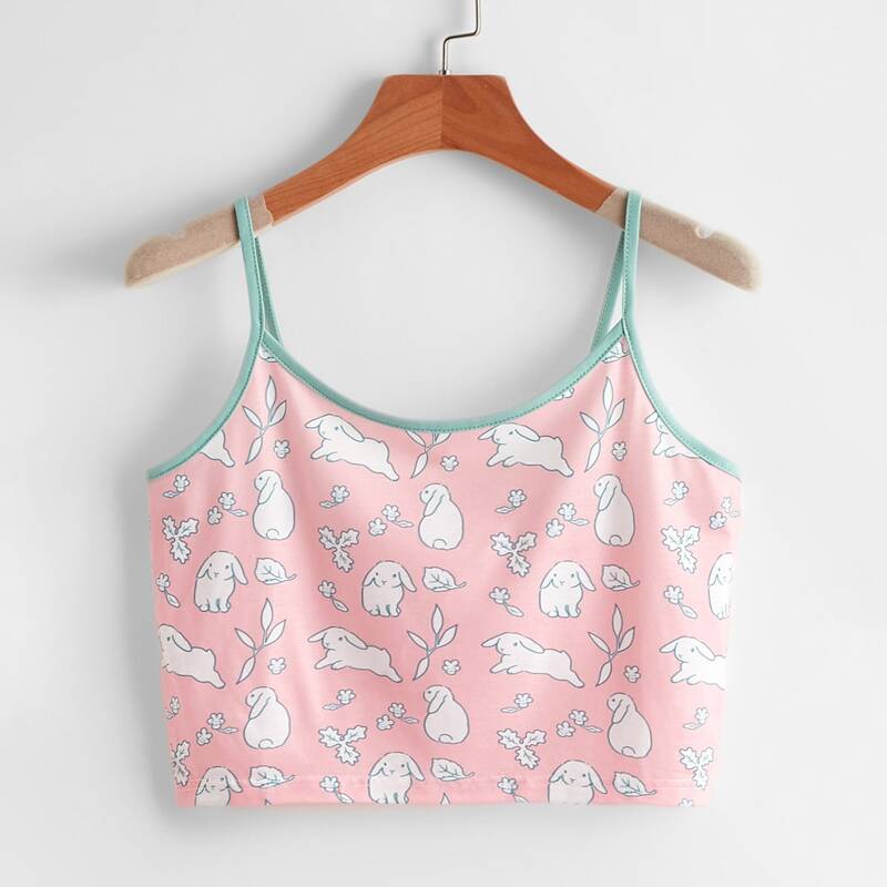 

Rabbit Pattern Ringer Crop Cami, Baby pink