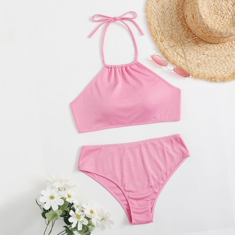 

Solid Halter Bikini Swimsuit, Pink