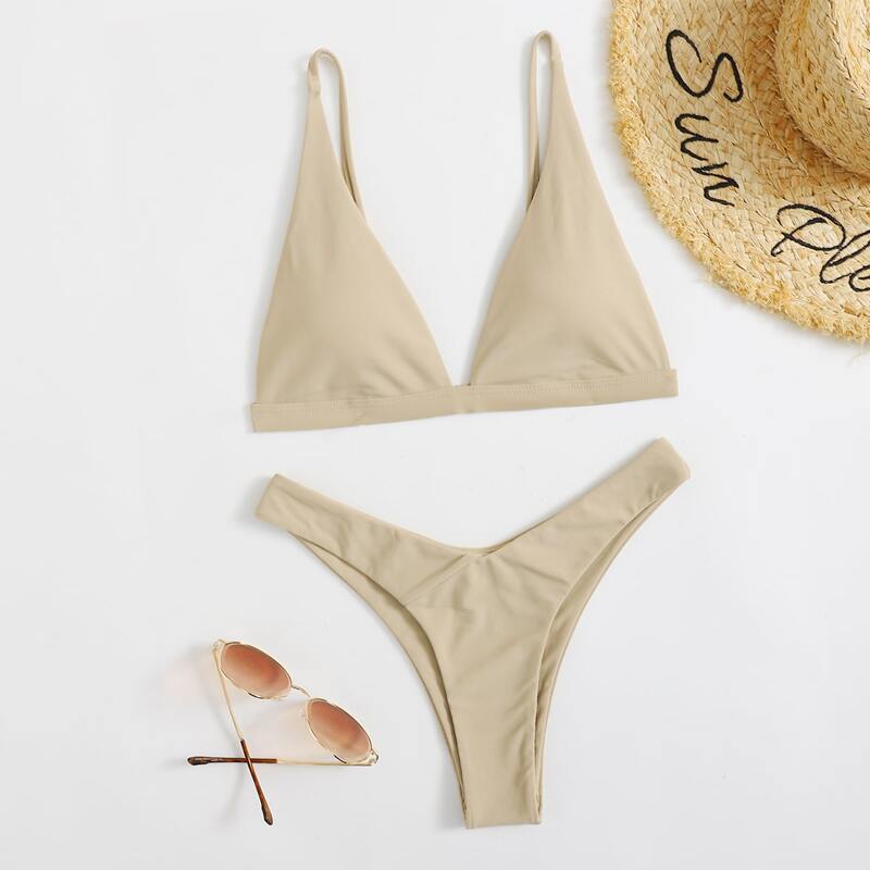 

Solid Triangle High Cut Bikini Swimsuit, Khaki