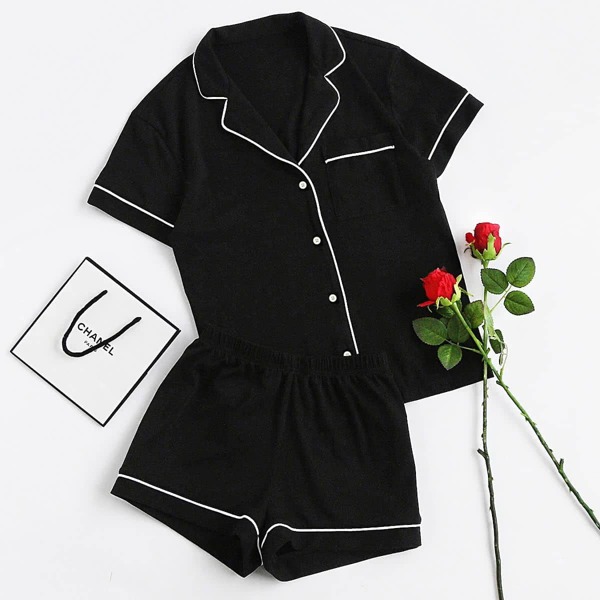 

Plus Contrast Binding Lapel Neck PJ Set, Black