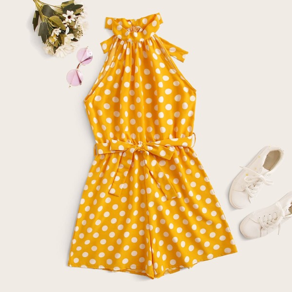 

Plus Polka Dot Zipper Back Belted Romper, Yellow