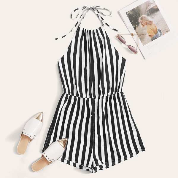

Plus Striped Print Halter Neck Romper, Black and white