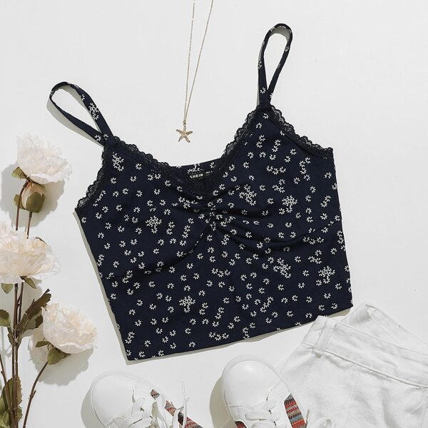 

Plus Ditsy Floral Lace Trim Crop Cami Top, Navy blue