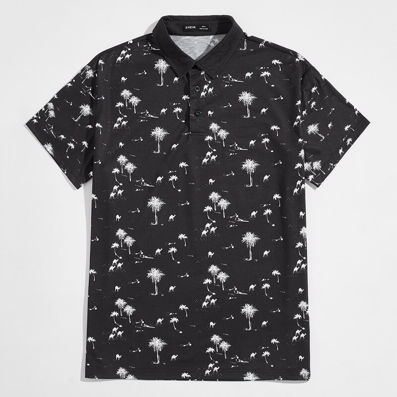 

Guys Tree & Animal Print Polo Shirt, Black