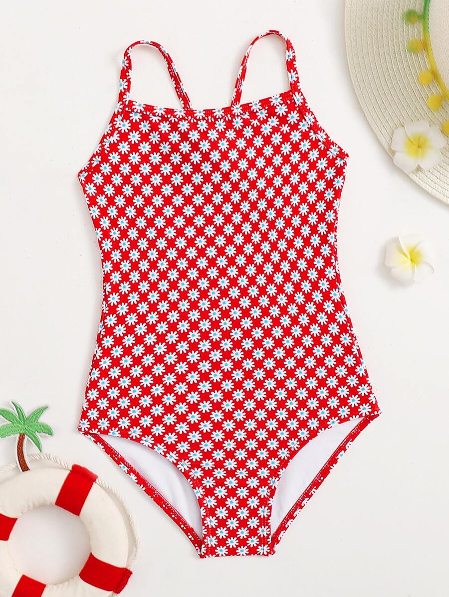Baby Girl Ditsy Floral One Piece Swimsuit - Red - View 1