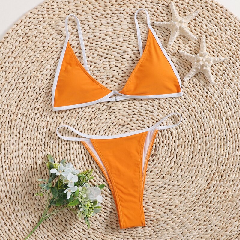 

Ringer Triangle Thong Bikini Swimsuit, Orange