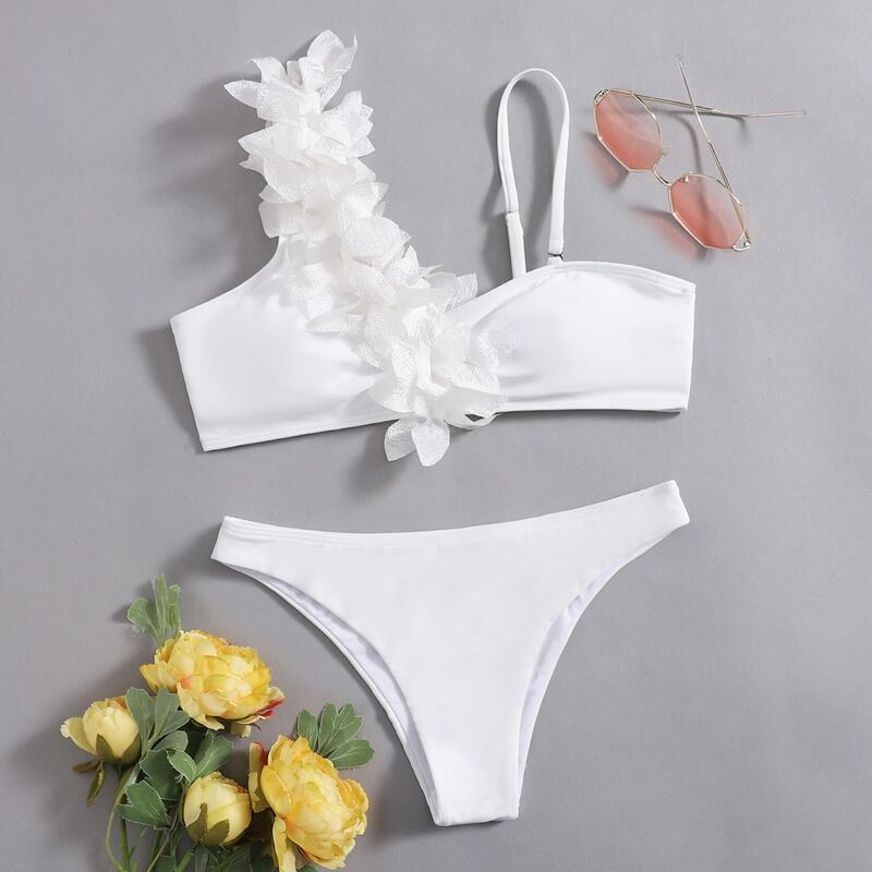 

Solid Flower Decor Bikini Swimsuit, White