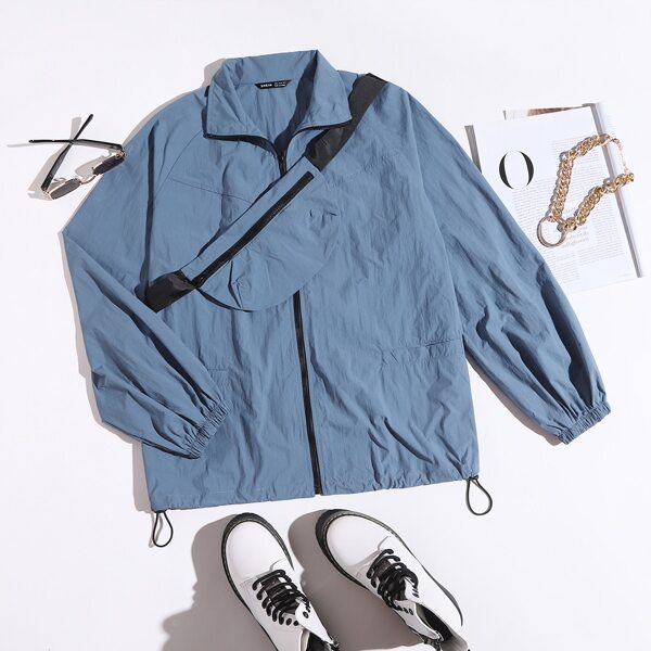 

Zip Up Raglan Sleeve Patch Pocket Jacket With Bag, Blue