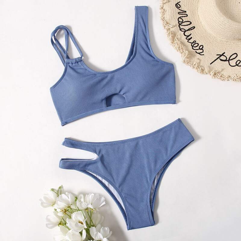 

Solid Cut Out Bikini Swimsuit, Blue