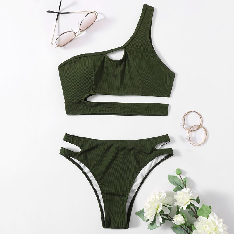 

Solid One Shoulder Cut Out Bikini Swimsuit, Dark green