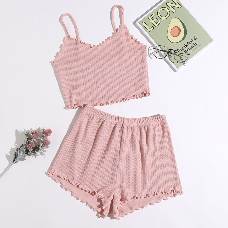 

Lettuce Trim Cami Top & Shorts Lounge Set, Baby pink