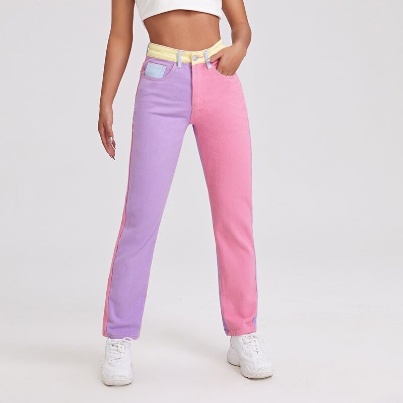 

High Waist Color Block Straight Leg Jeans, Multicolor