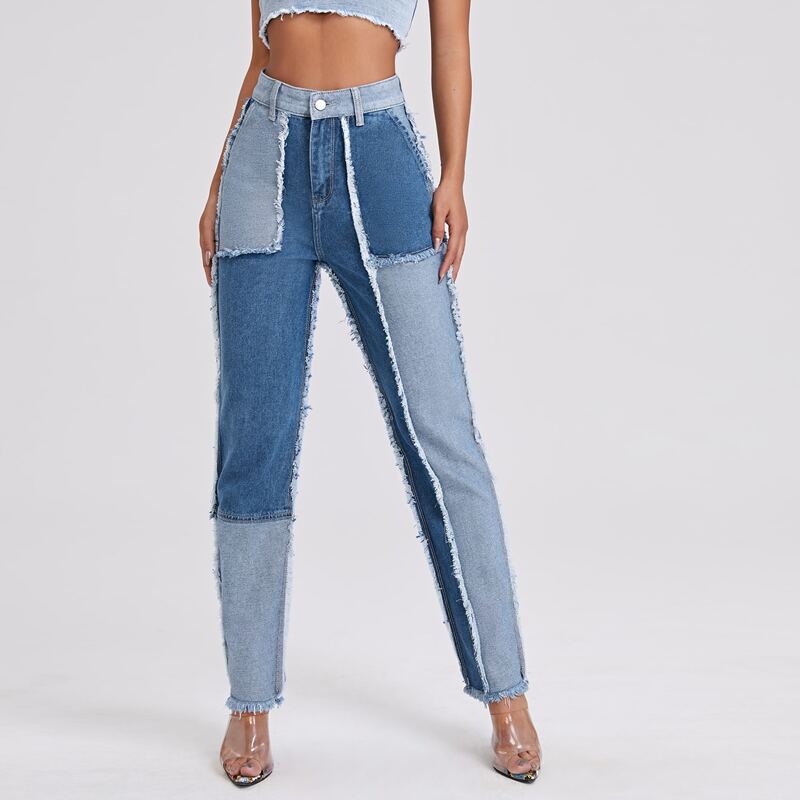 

High Waist Colorblock Spliced Raw Hem Jeans, Medium wash
