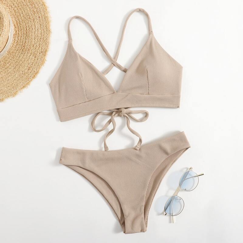 

Solid Criss Cross Bikini Swimsuit, Khaki