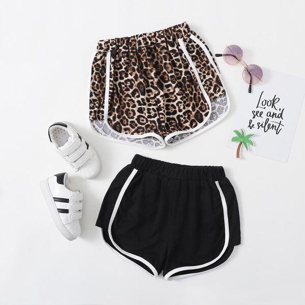 

Toddler Girls 2pcs Contrast Binding Leopard Print Track Shorts, Multicolor