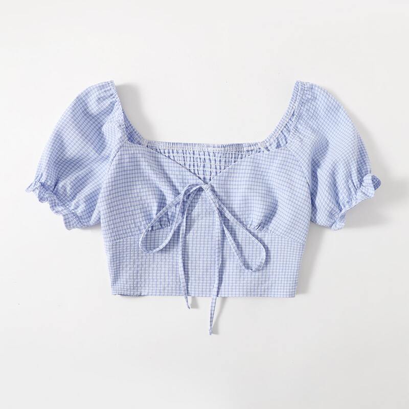 

Plaid Shirred Crop Top, Blue and white