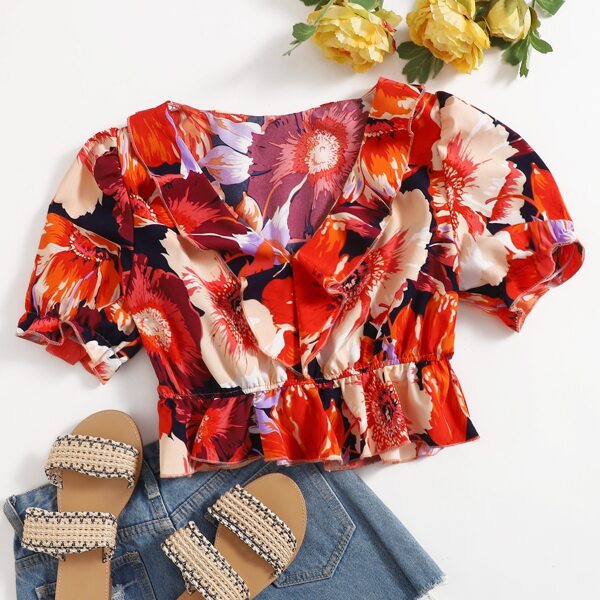 

Floral Print Ruffle Hem Smock Blouse, Multicolor