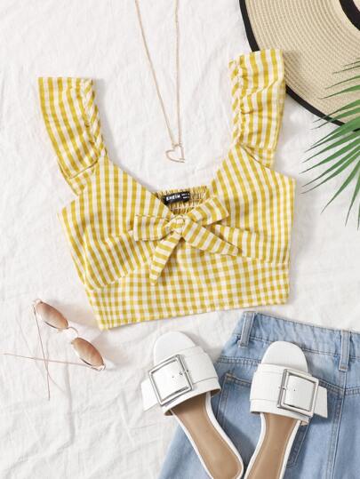 ネクタイフロント ギンガム シール トップス