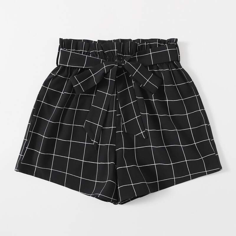 

Plaid Belted Shorts, Black