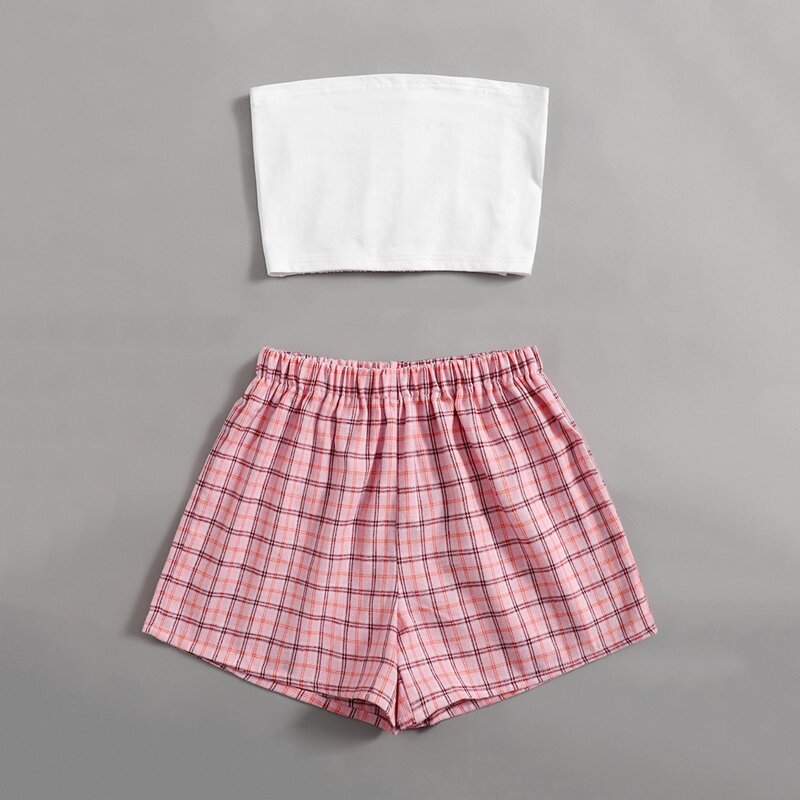 

Solid Crop Tube Top & Plaid Shorts, Multicolor