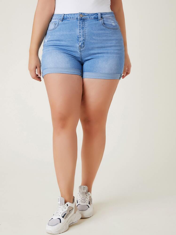 SHEIN Plus High Waist Ripped Roll Hem Denim Shorts - Light Wash - View 2