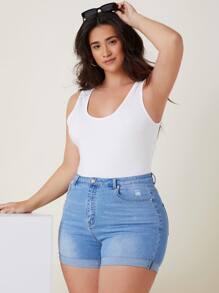 SHEIN Plus High Waist Ripped Roll Hem Denim Shorts - Light Wash - View 3