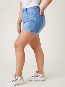 SHEIN Plus High Waist Ripped Roll Hem Denim Shorts - Light Wash - View 4