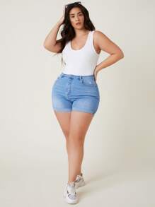 SHEIN Plus High Waist Ripped Roll Hem Denim Shorts - Light Wash - View 5