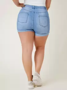 SHEIN Plus High Waist Ripped Roll Hem Denim Shorts - Light Wash - View 6