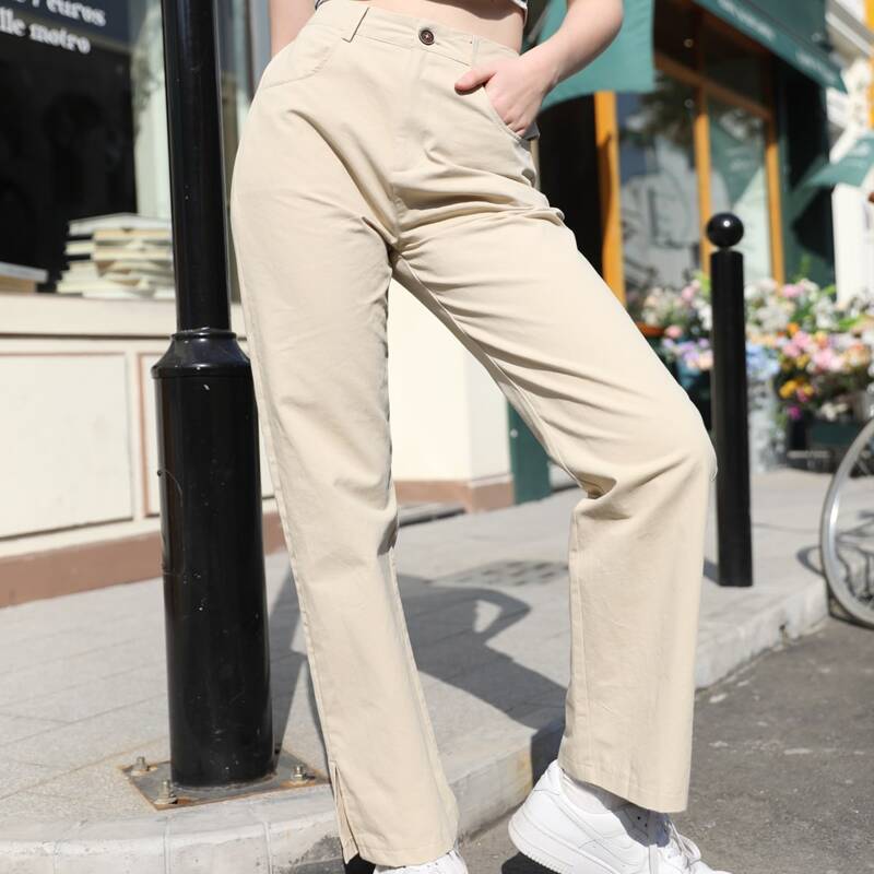 

Slit Hem Straight Leg Pants, Khaki